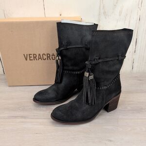 Sundance  Veracruz Celena Boots Fringe Western Black Suede Women's 39 New W/ Box